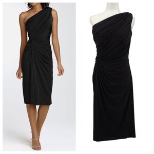 Tadashi Shoji Black One Shoulder Ruched Midi Dress Size Large